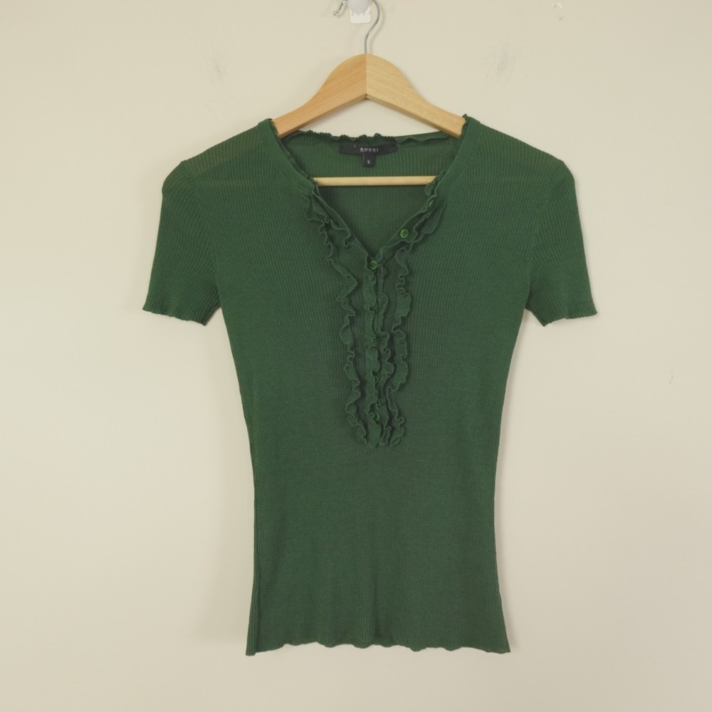 Gucci Top Ribbed Ruffles Silk Sweater Short Sleeve